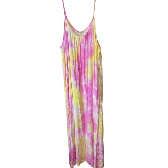 Pink & Yellow Tie Dye Maxi Dress XL Kori Sleeveless gauzy flowy vacation cruise - Picture 1 of 6
